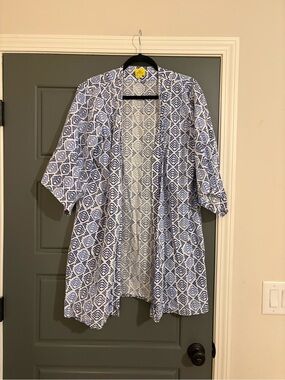 Roller Rabbit Blue White Printed Cotton Kimono Cover Up OS